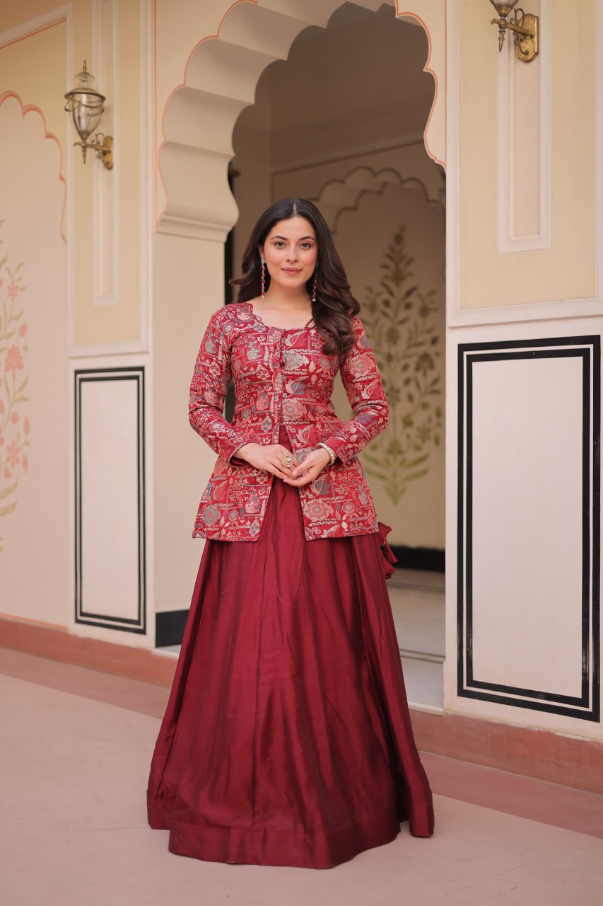 Royal Silk Brocade Embroidered Maroon & Purple Jacket Lehenga Set