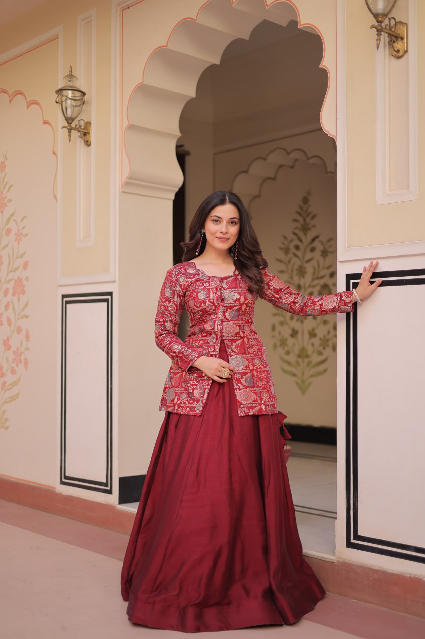 Royal Silk Brocade Embroidered Maroon & Purple Jacket Lehenga Set