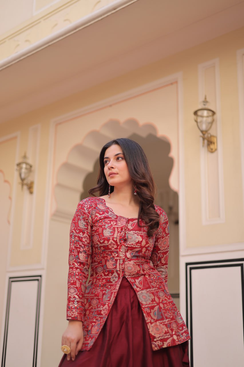 Royal Silk Brocade Embroidered Maroon & Purple Jacket Lehenga Set