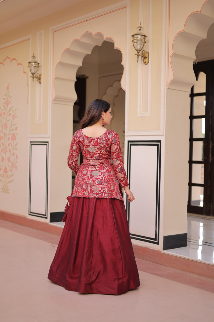 Royal Silk Brocade Embroidered Maroon & Purple Jacket Lehenga Set