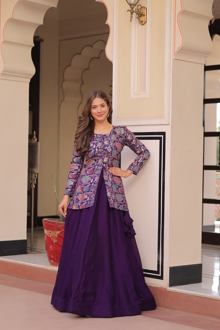 Royal Silk Brocade Embroidered Maroon & Purple Jacket Lehenga Set