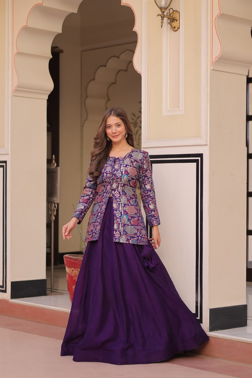 Royal Silk Brocade Embroidered Maroon & Purple Jacket Lehenga Set
