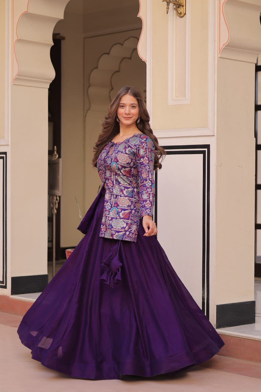 Royal Silk Brocade Embroidered Maroon & Purple Jacket Lehenga Set