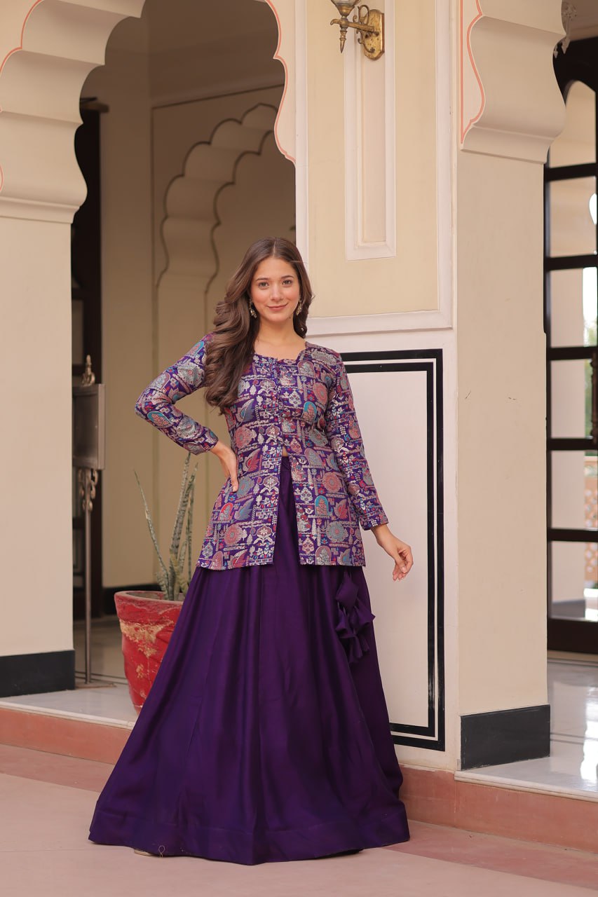 Royal Silk Brocade Embroidered Maroon & Purple Jacket Lehenga Set