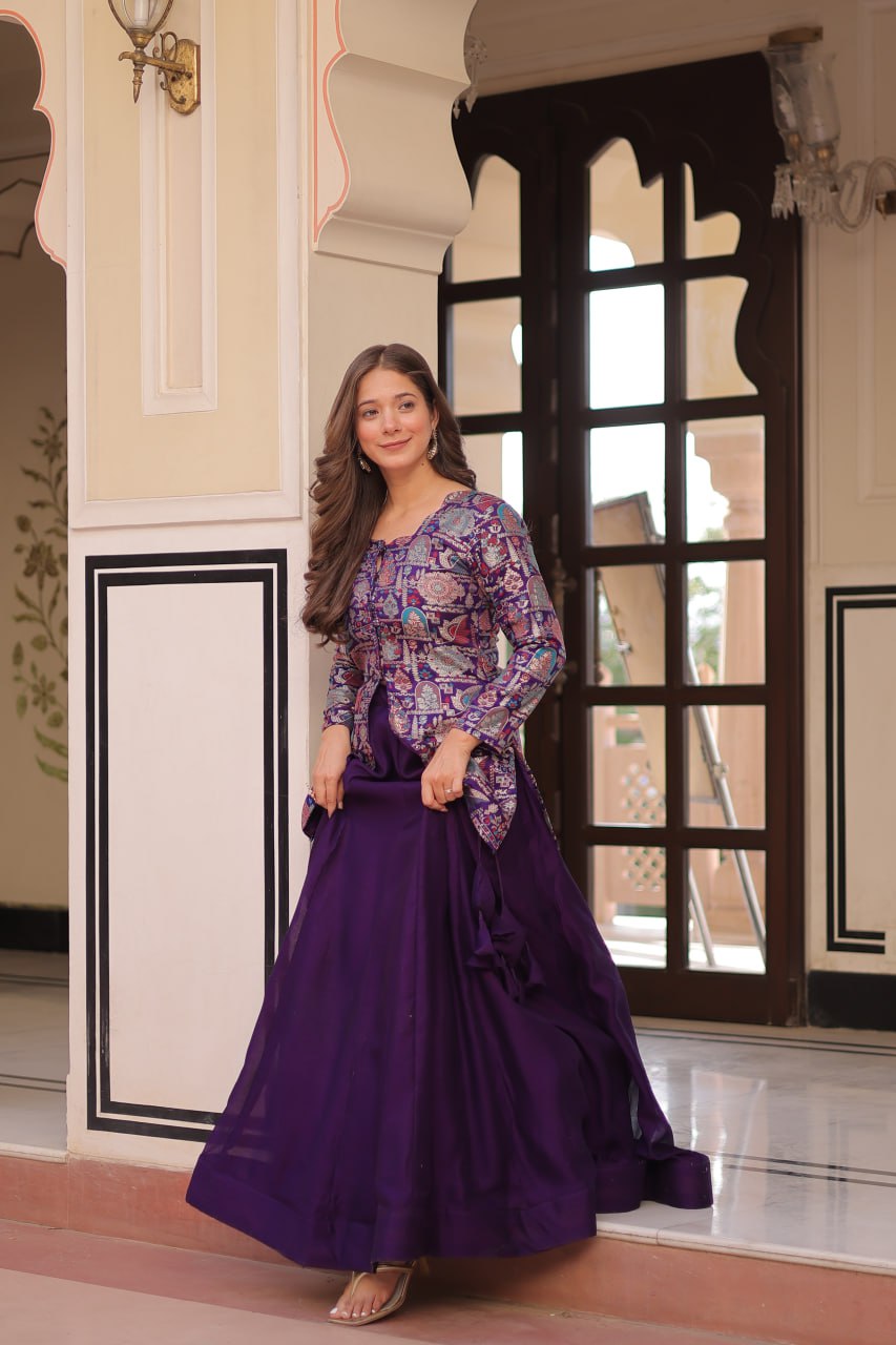 Royal Silk Brocade Embroidered Maroon & Purple Jacket Lehenga Set