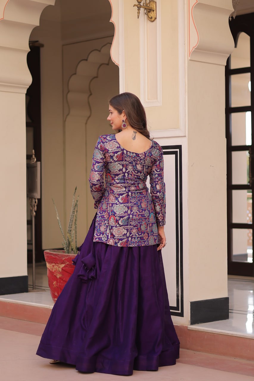 Royal Silk Brocade Embroidered Maroon & Purple Jacket Lehenga Set