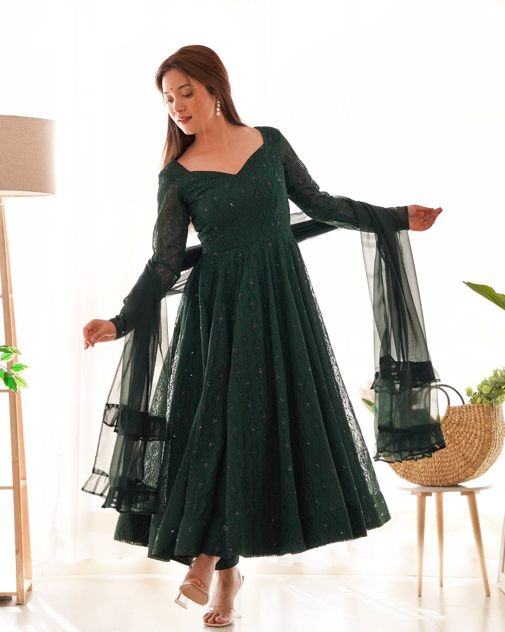 Emerald Green Georgette With Lukhnowi Sequence Work Anarkali Set