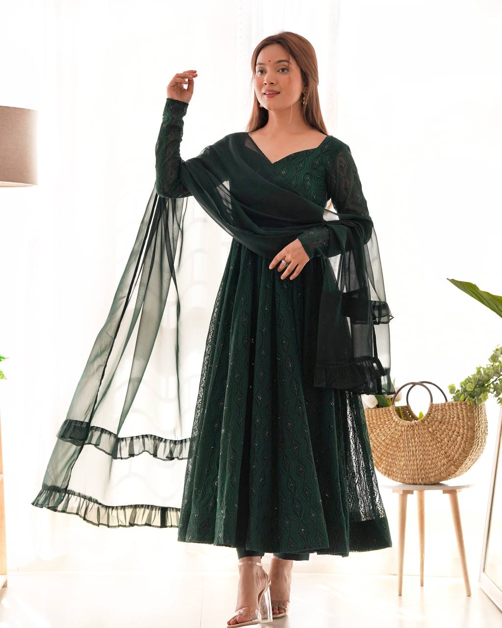 Emerald Green Georgette With Lukhnowi Sequence Work Anarkali Set