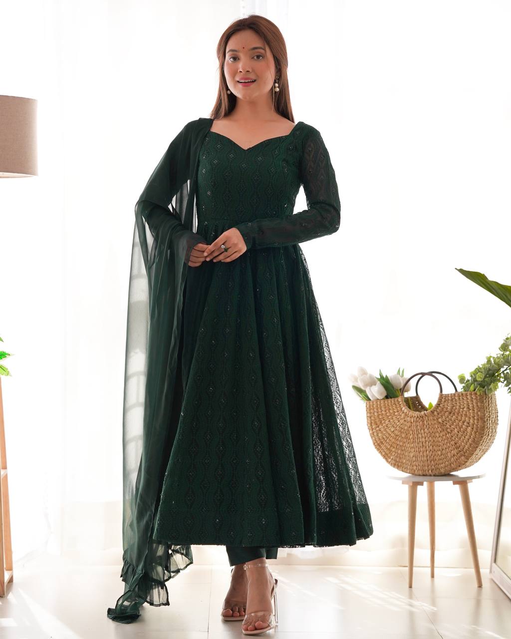 Emerald Green Georgette With Lukhnowi Sequence Work Anarkali Set