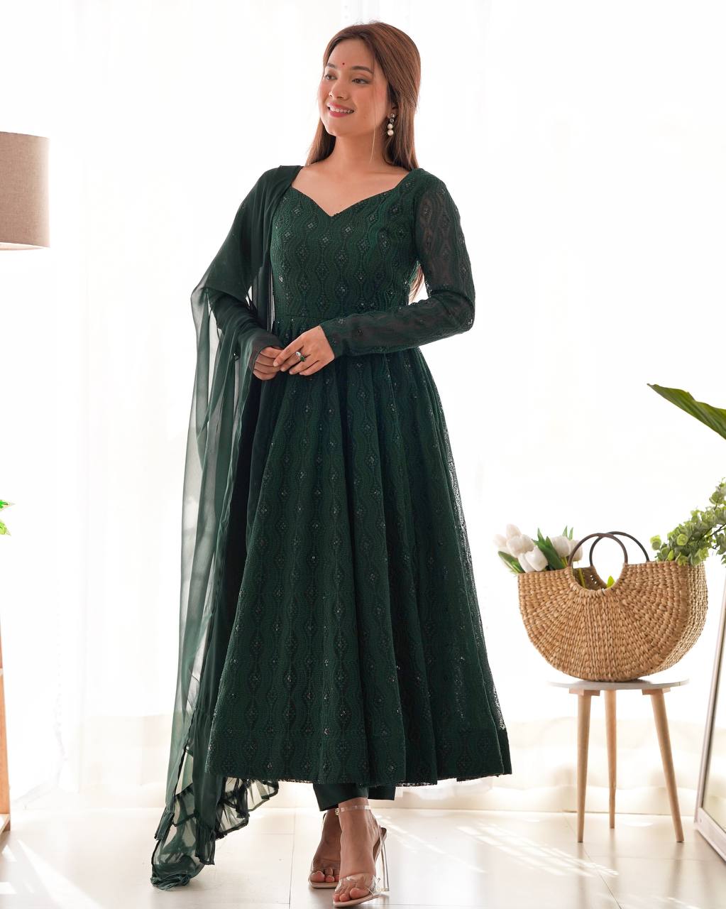 Emerald Green Georgette With Lukhnowi Sequence Work Anarkali Set