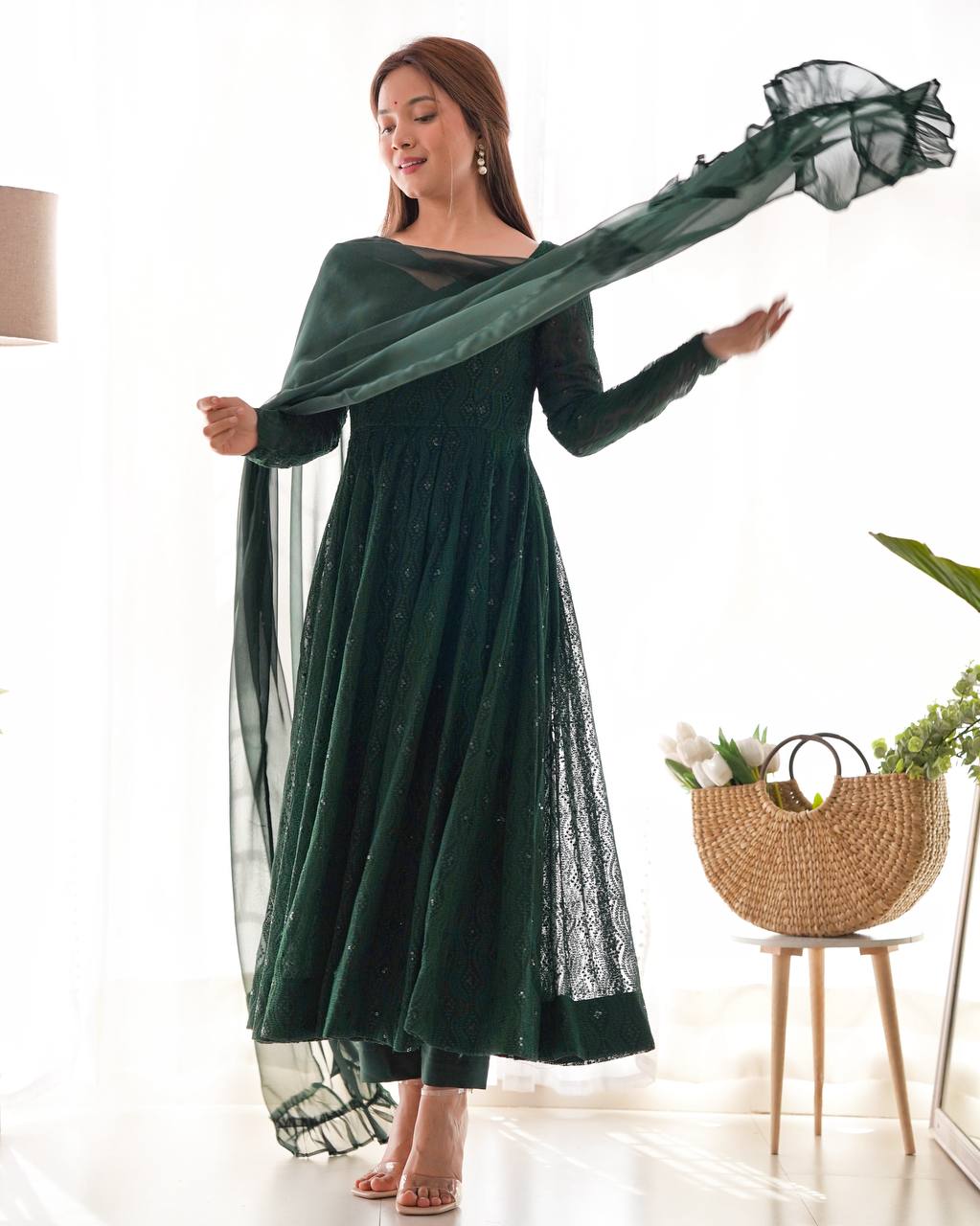 Emerald Green Georgette With Lukhnowi Sequence Work Anarkali Set