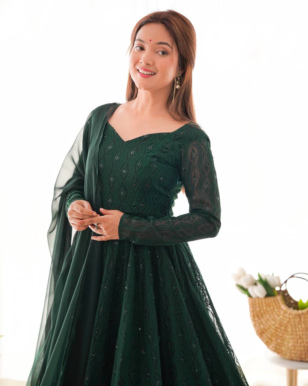 Emerald Green Georgette With Lukhnowi Sequence Work Anarkali Set