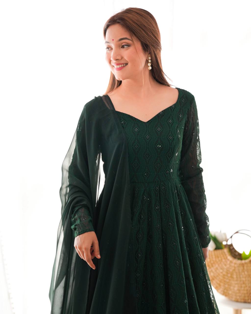 Emerald Green Georgette With Lukhnowi Sequence Work Anarkali Set