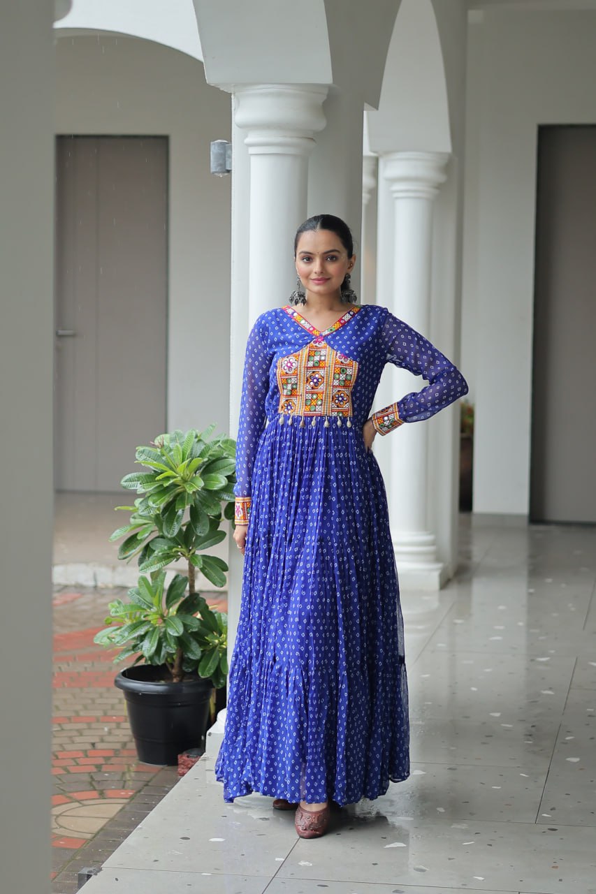 Rang Raas Mirror Work And Bandhani Printed Flared Navratri Gown Set