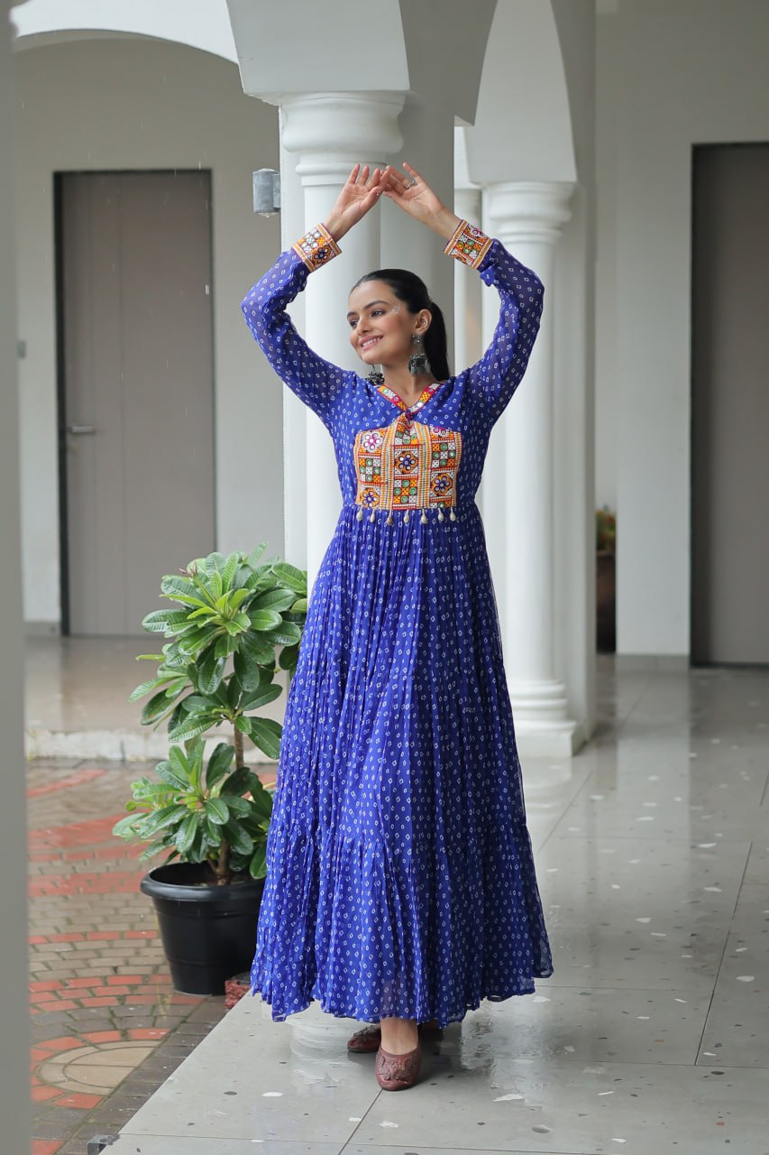 Rang Raas Mirror Work And Bandhani Printed Flared Navratri Gown Set