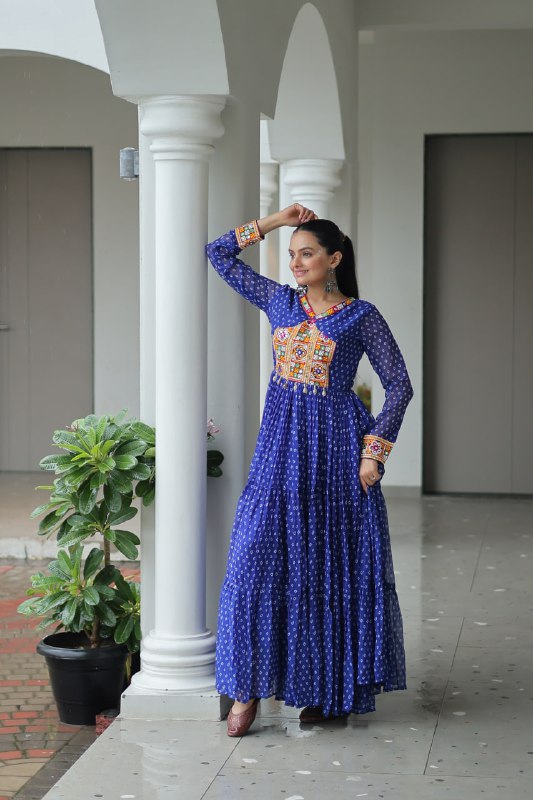 Rang Raas Mirror Work And Bandhani Printed Flared Navratri Gown Set