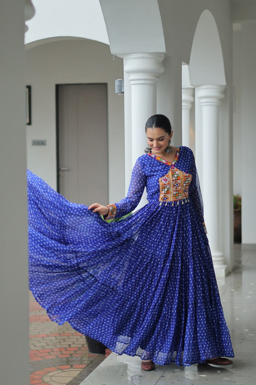 Rang Raas Mirror Work And Bandhani Printed Flared Navratri Gown Set