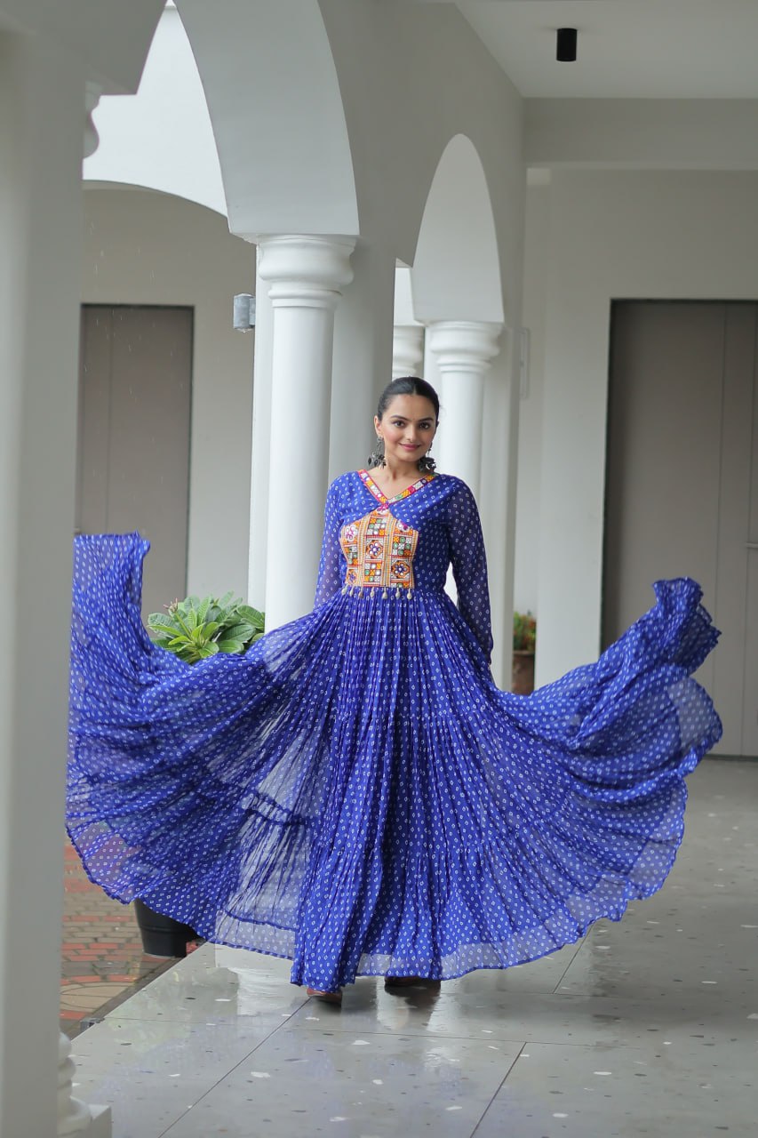 Rang Raas Mirror Work And Bandhani Printed Flared Navratri Gown Set