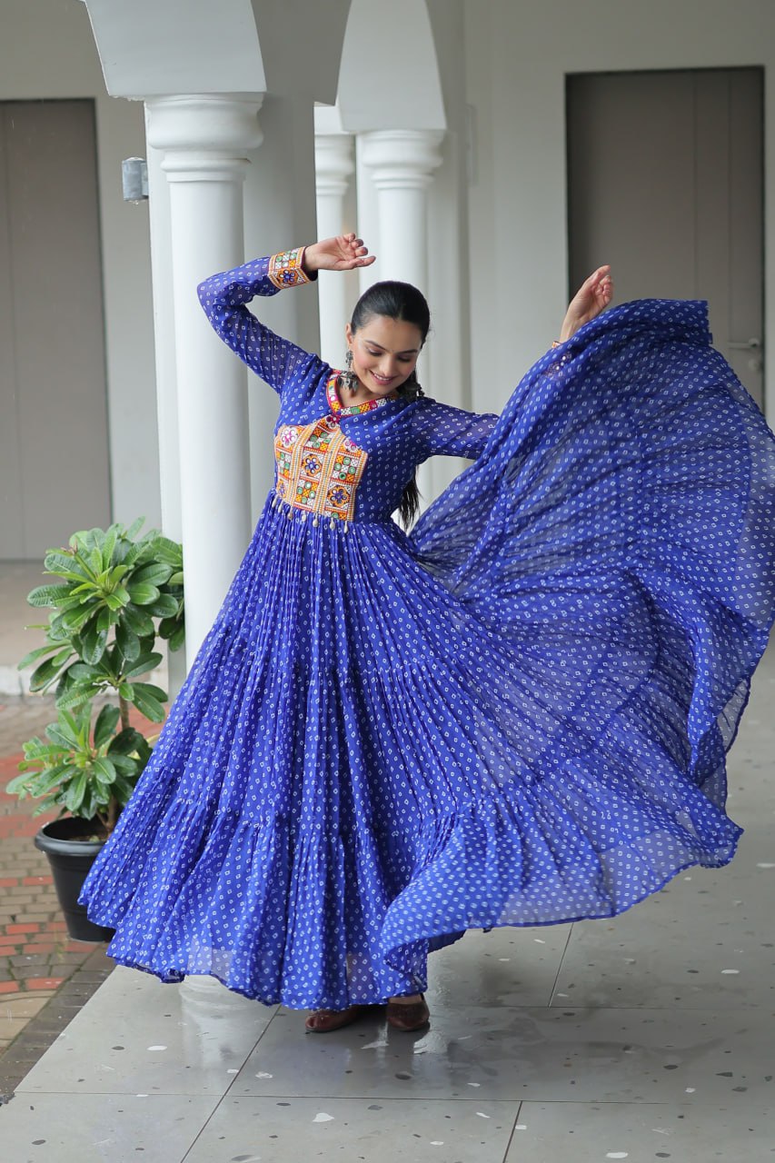 Rang Raas Mirror Work And Bandhani Printed Flared Navratri Gown Set