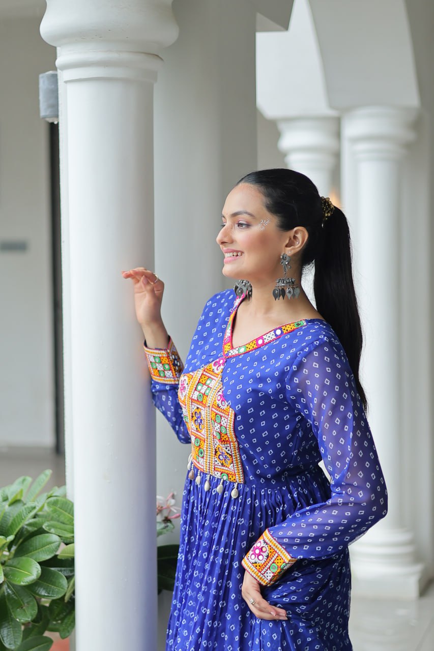 Rang Raas Mirror Work And Bandhani Printed Flared Navratri Gown Set
