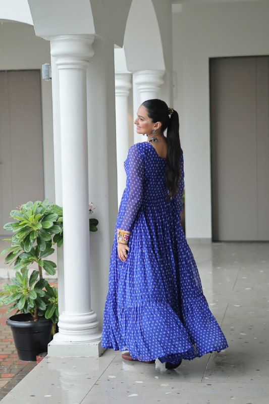 Rang Raas Mirror Work And Bandhani Printed Flared Navratri Gown Set