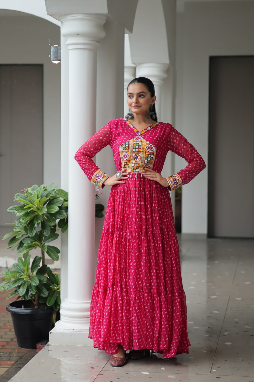 Rang Raas Mirror Work And Bandhani Printed Flared Navratri Gown Set