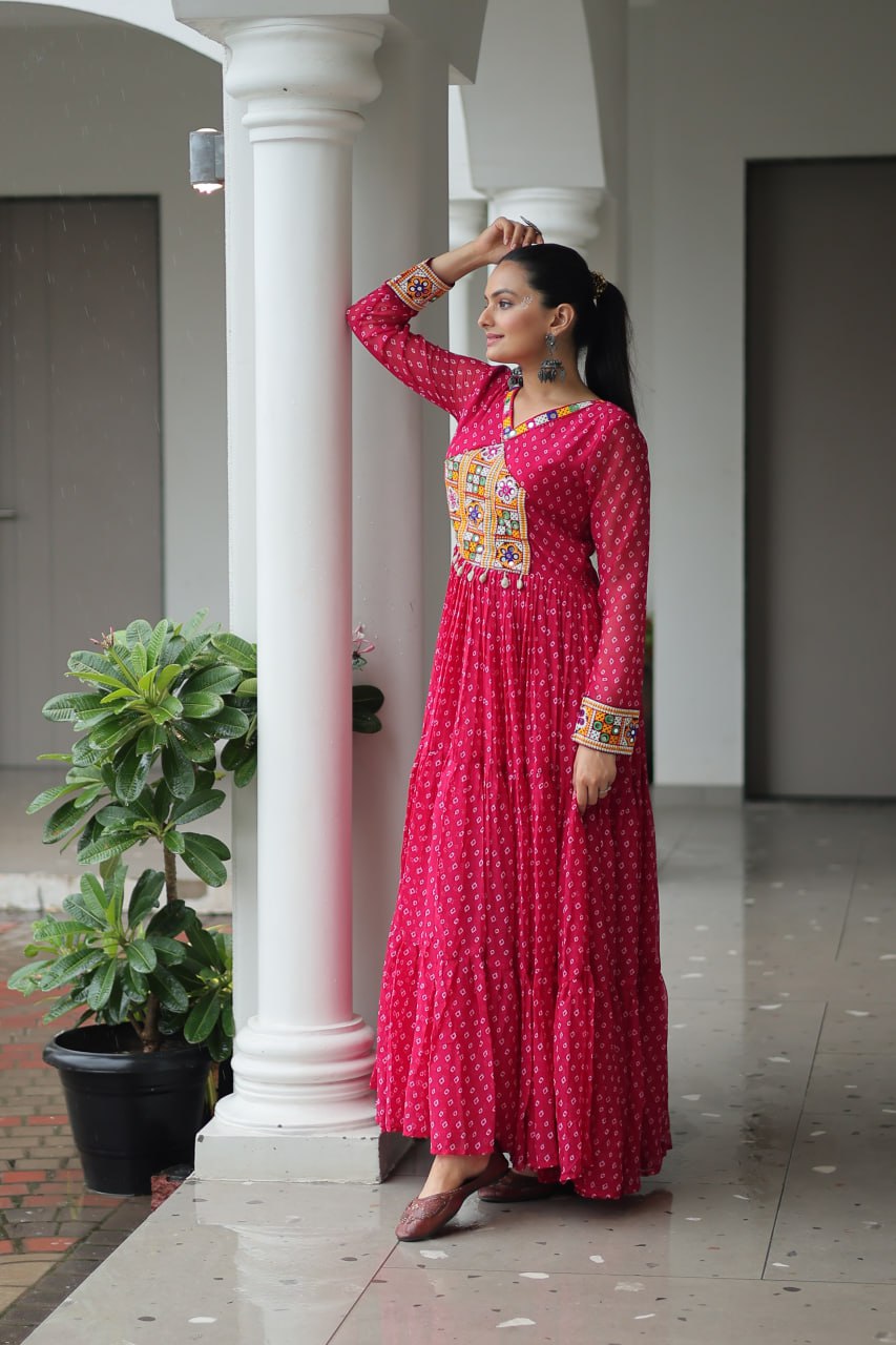 Rang Raas Mirror Work And Bandhani Printed Flared Navratri Gown Set