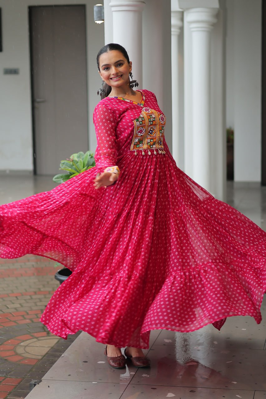 Rang Raas Mirror Work And Bandhani Printed Flared Navratri Gown Set