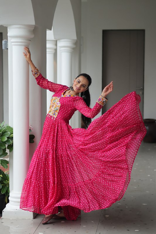 Rang Raas Mirror Work And Bandhani Printed Flared Navratri Gown Set
