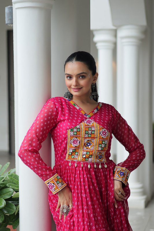 Rang Raas Mirror Work And Bandhani Printed Flared Navratri Gown Set