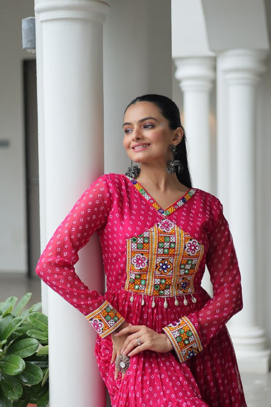Rang Raas Mirror Work And Bandhani Printed Flared Navratri Gown Set