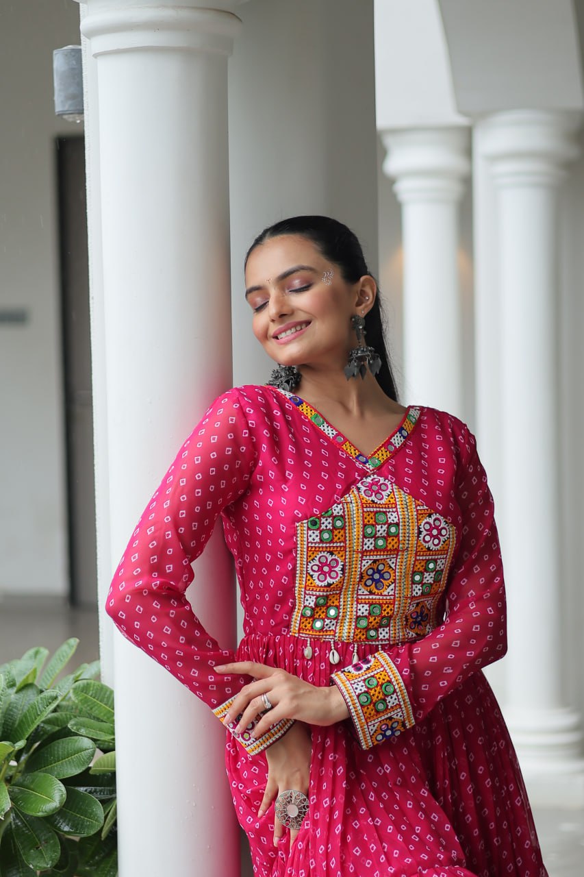 Rang Raas Mirror Work And Bandhani Printed Flared Navratri Gown Set