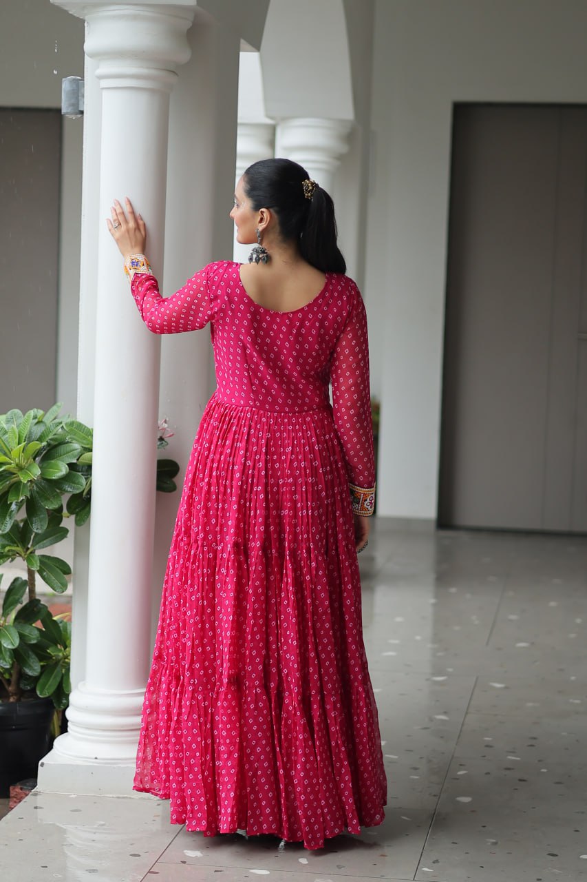 Rang Raas Mirror Work And Bandhani Printed Flared Navratri Gown Set