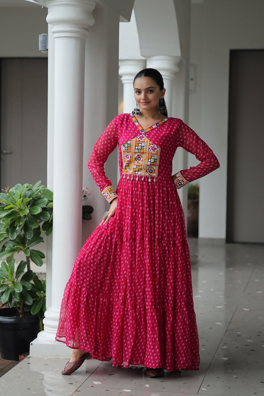 Rang Raas Mirror Work And Bandhani Printed Flared Navratri Gown Set