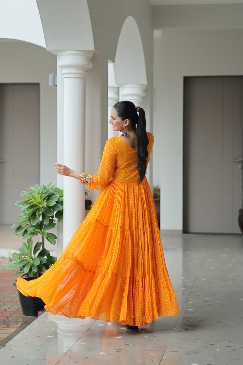 Rang Raas Mirror Work And Bandhani Printed Flared Navratri Gown Set