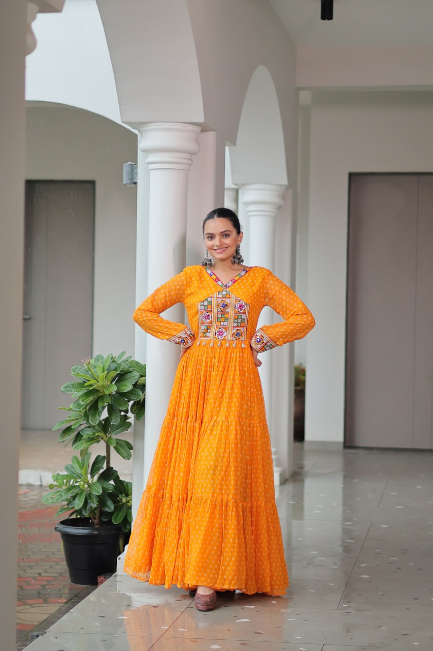 Rang Raas Mirror Work And Bandhani Printed Flared Navratri Gown Set