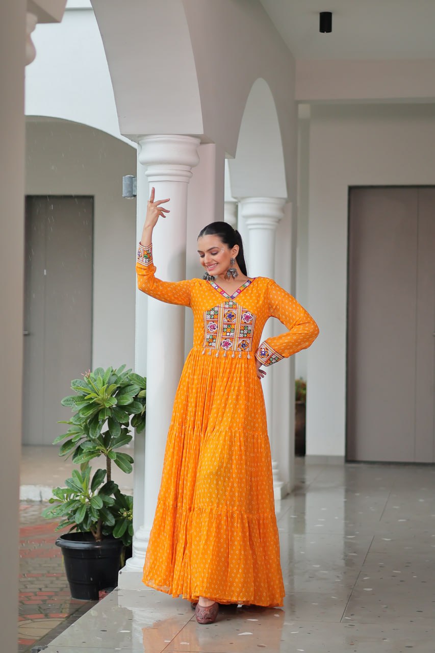Rang Raas Mirror Work And Bandhani Printed Flared Navratri Gown Set