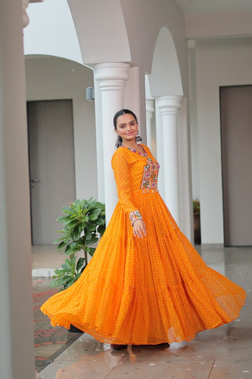 Rang Raas Mirror Work And Bandhani Printed Flared Navratri Gown Set