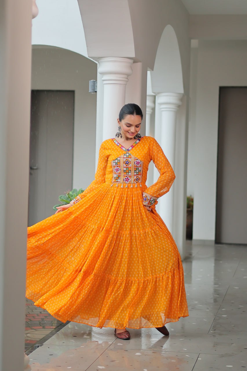 Rang Raas Mirror Work And Bandhani Printed Flared Navratri Gown Set