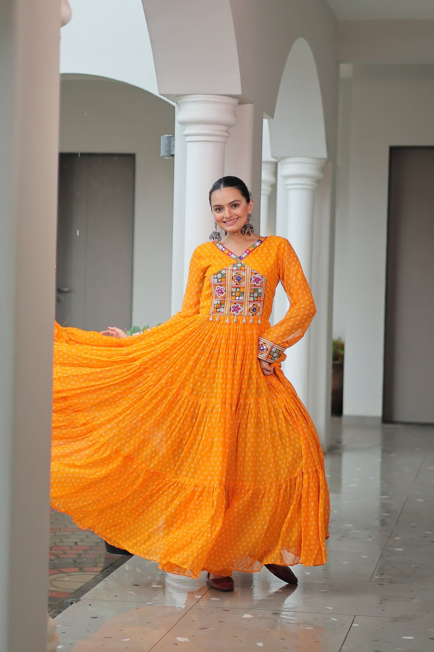 Rang Raas Mirror Work And Bandhani Printed Flared Navratri Gown Set