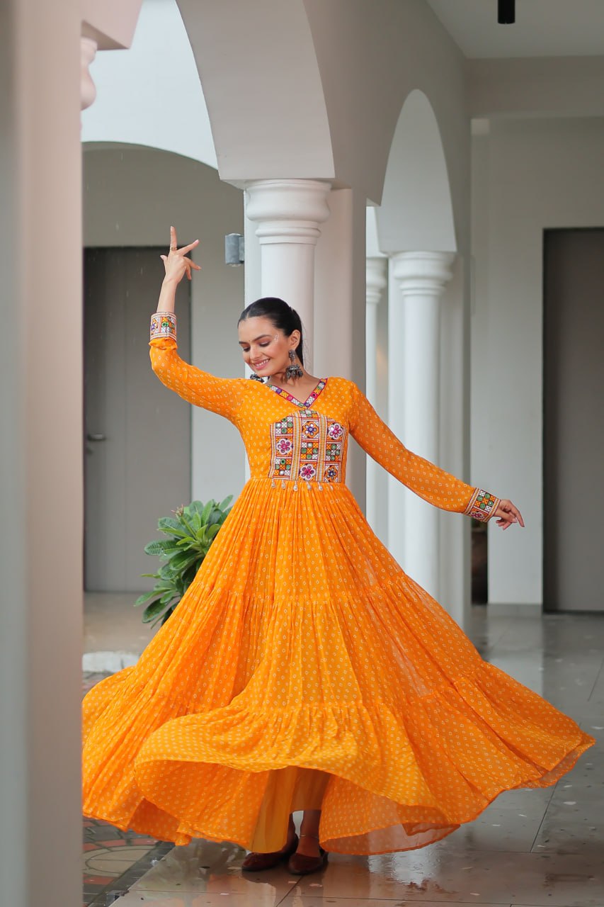 Rang Raas Mirror Work And Bandhani Printed Flared Navratri Gown Set