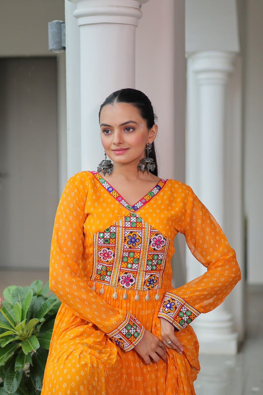 Rang Raas Mirror Work And Bandhani Printed Flared Navratri Gown Set