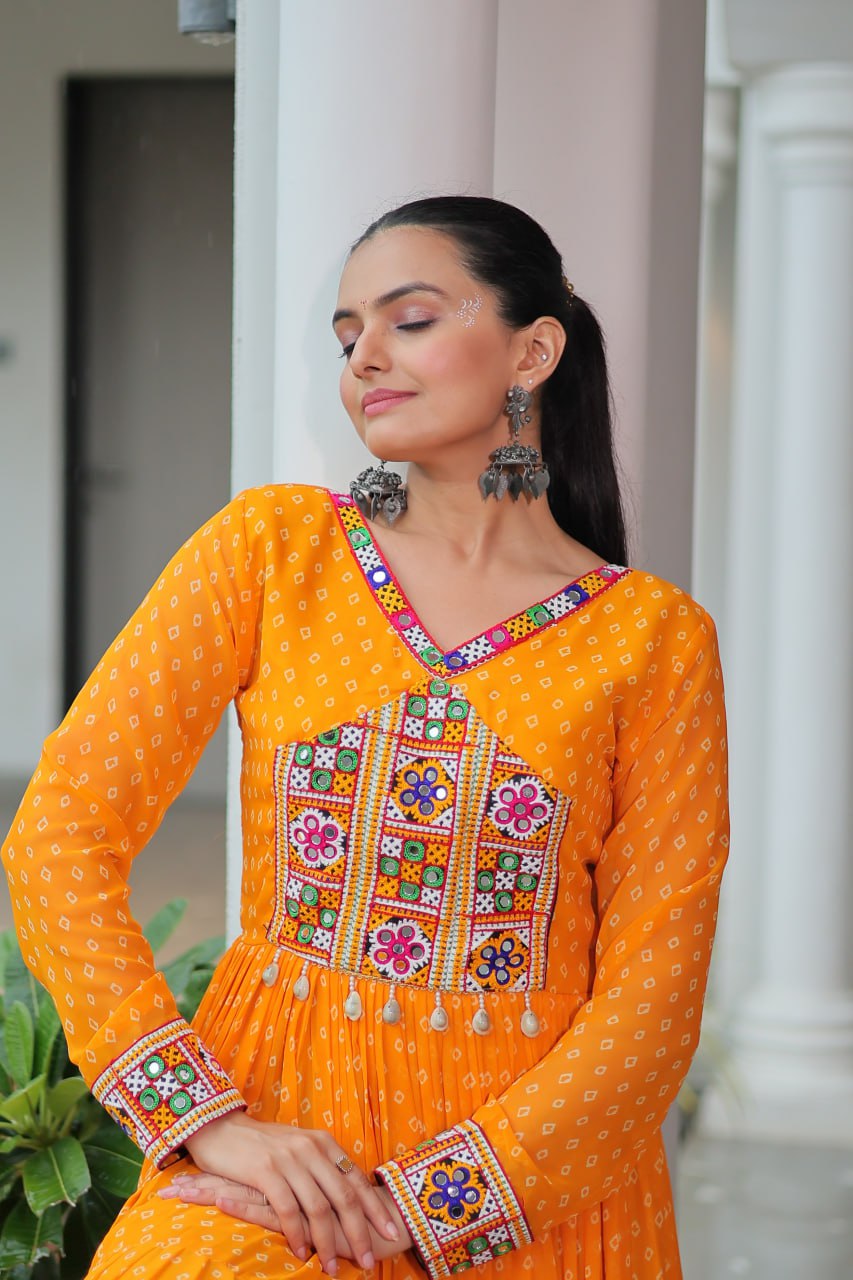 Rang Raas Mirror Work And Bandhani Printed Flared Navratri Gown Set