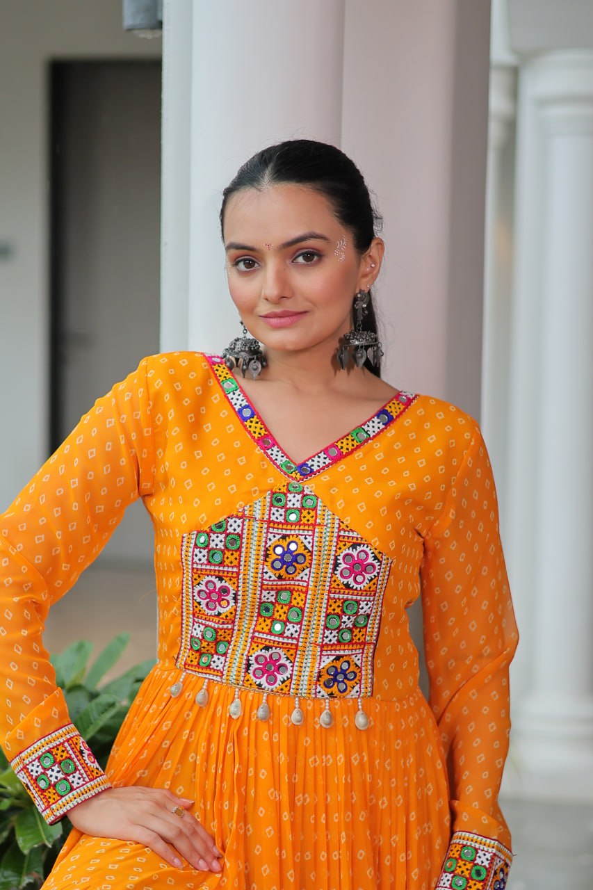 Rang Raas Mirror Work And Bandhani Printed Flared Navratri Gown Set