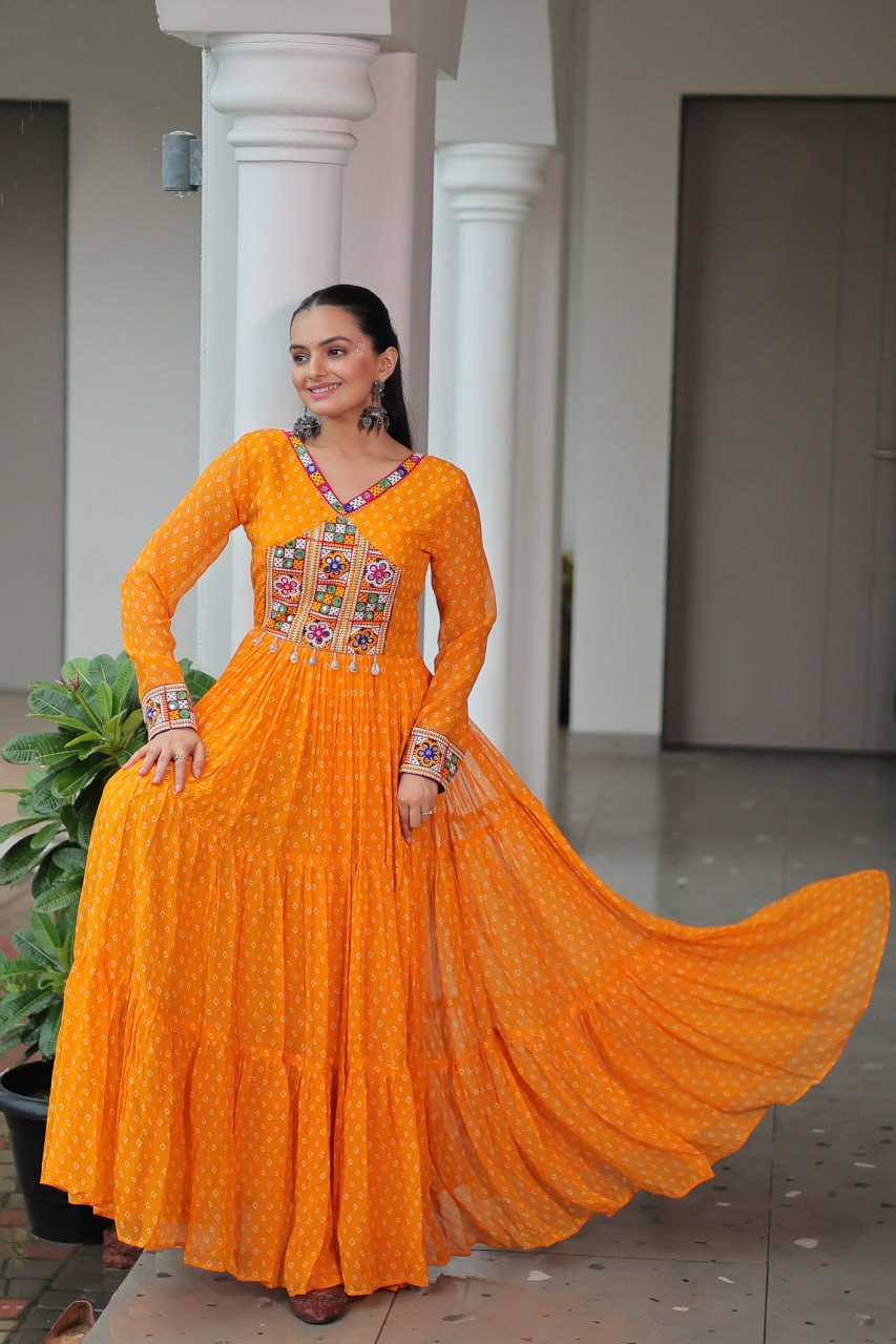 Rang Raas Mirror Work And Bandhani Printed Flared Navratri Gown Set