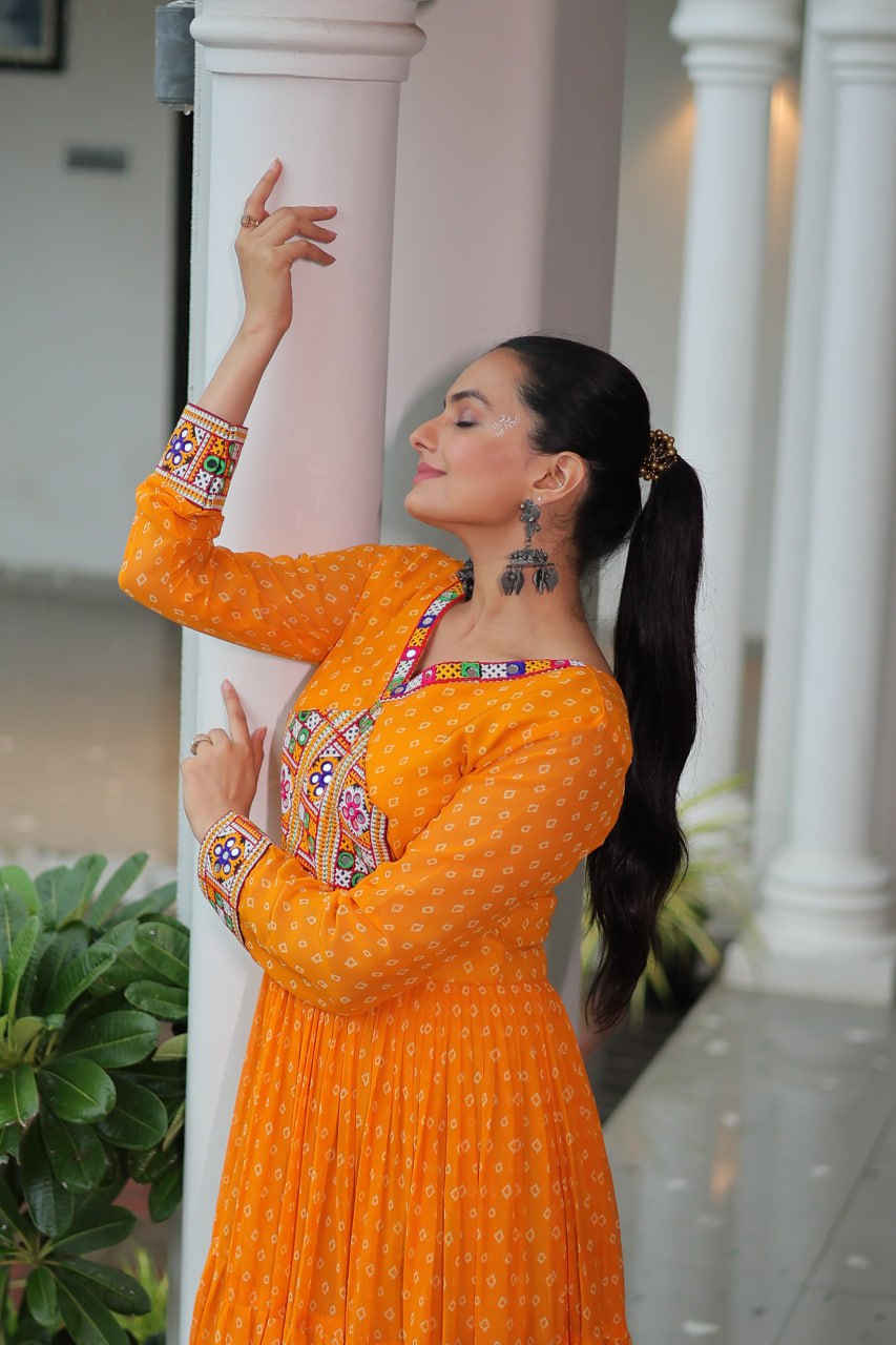 Rang Raas Mirror Work And Bandhani Printed Flared Navratri Gown Set