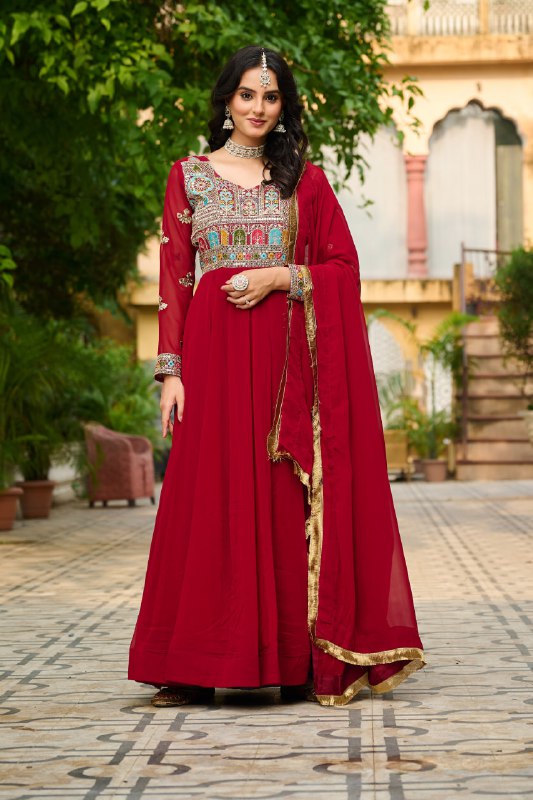 Royal Charm Maroon & Teal with Hand Embroidery Gown Set