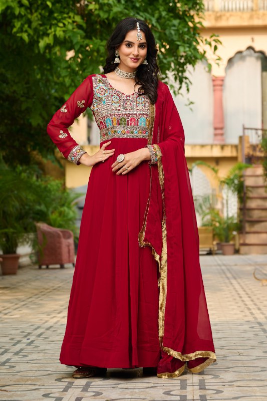 Royal Charm Maroon & Teal with Hand Embroidery Gown Set