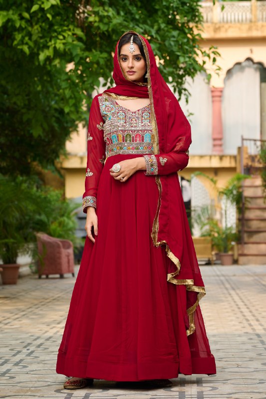 Royal Charm Maroon & Teal with Hand Embroidery Gown Set