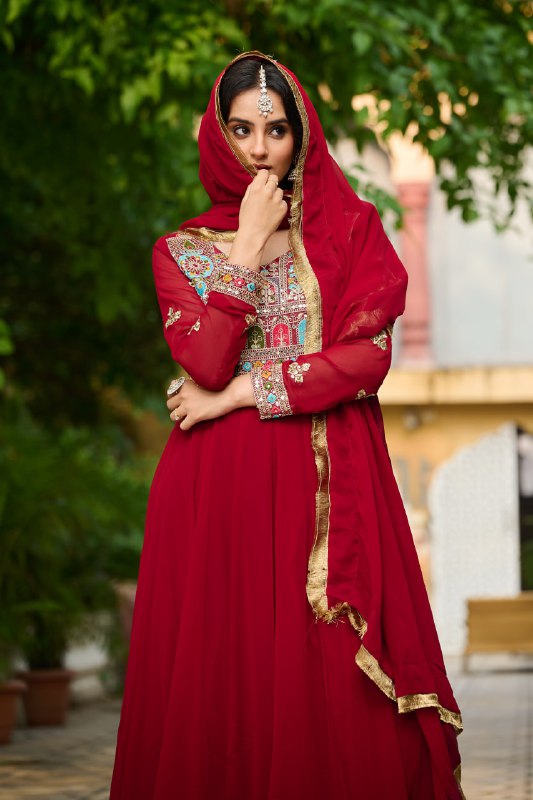 Royal Charm Maroon & Teal with Hand Embroidery Gown Set